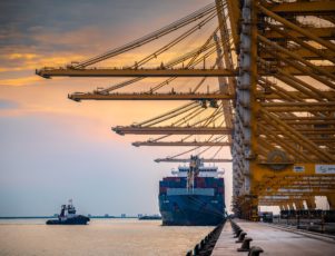 Container ships docked at Jebel Ali port, Dubai, with cranes overhead
